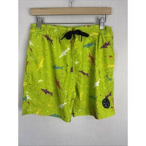 MAUI and Sons Swim Trunks Mens M Neon Green Shark Print Drawstring